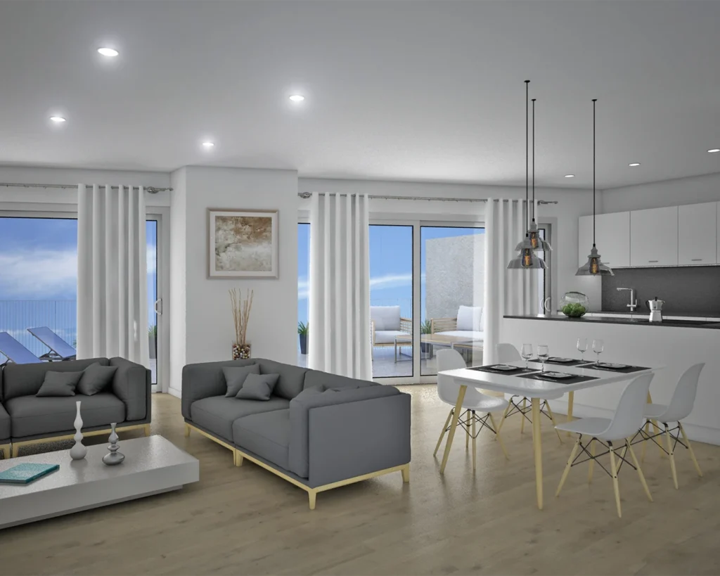 Marqués de Cruïlles, salón y cocina de inmueble sostenible de J1 Properties